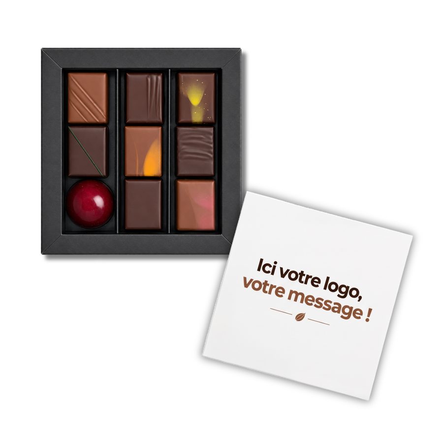 Coffret Carré Gourmand personnalisable, 9 chocolats artisanaux Olivier Grimault